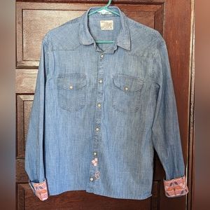 Lucky Brand Vintage Denim Shirt with handsewn embroidery and floral cuff detail